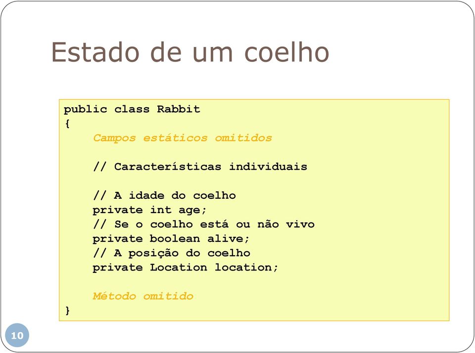 private int age; // Se o coelho está ou não vivo private boolean