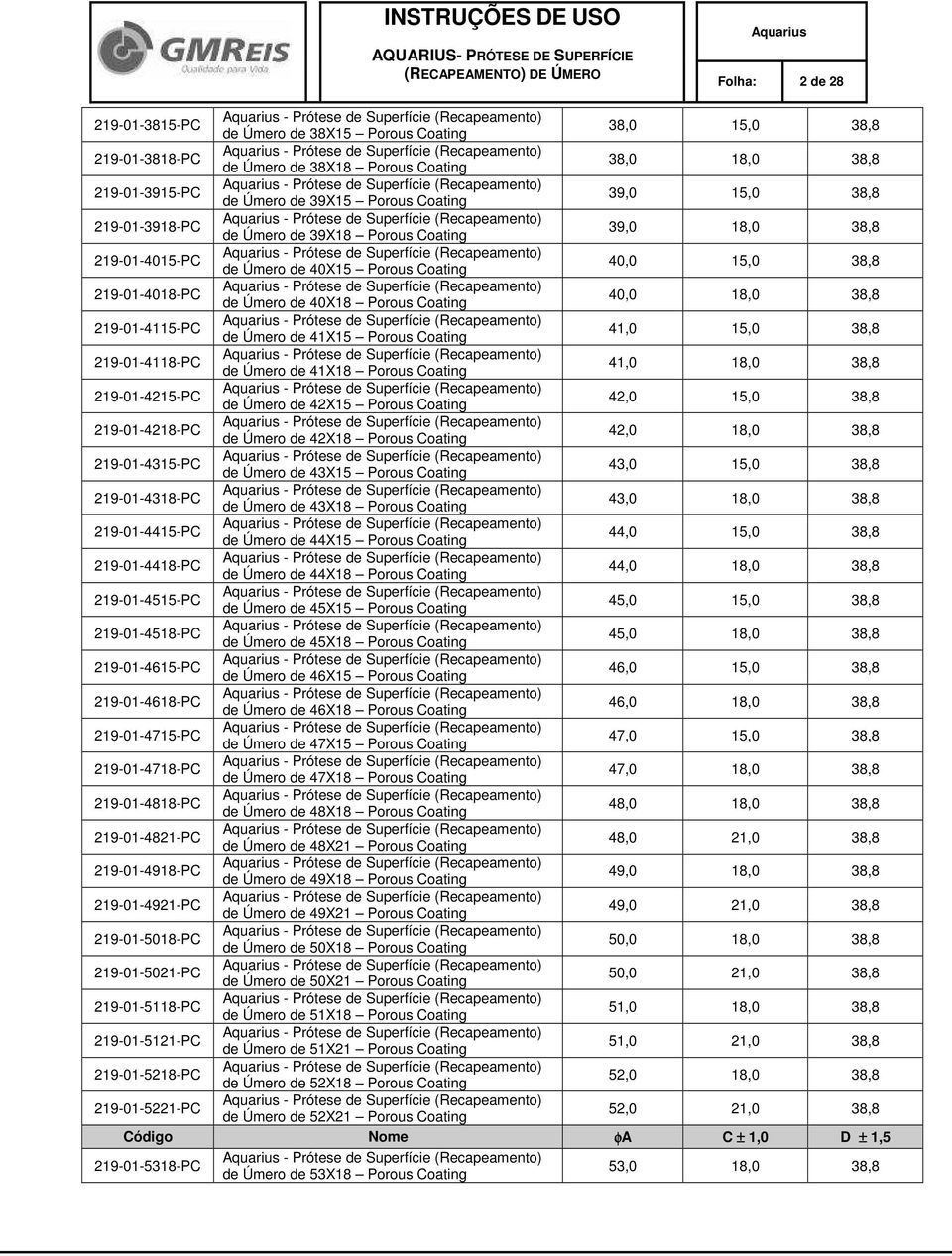 15,0 38,8 4118-PC de Úmero de 41X18 Porous Coating 41,0 18,0 38,8 4215-PC de Úmero de 42X15 Porous Coating 42,0 15,0 38,8 4218-PC de Úmero de 42X18 Porous Coating 42,0 18,0 38,8 4315-PC de Úmero de