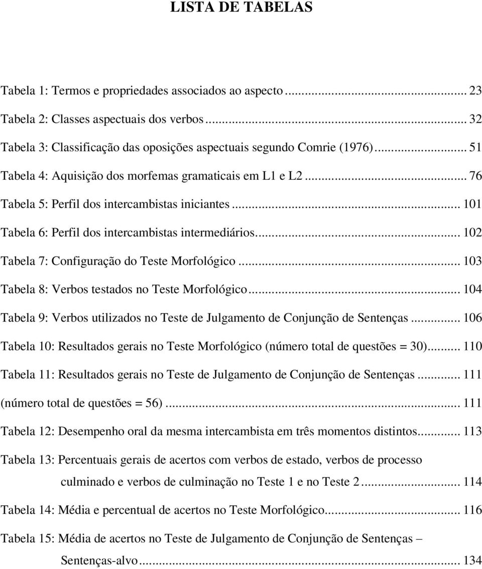 .. 102 Tabela 7: Configuração do Teste Morfológico... 103 Tabela 8: Verbos testados no Teste Morfológico... 104 Tabela 9: Verbos utilizados no Teste de Julgamento de Conjunção de Sentenças.