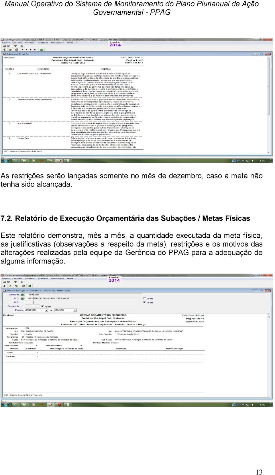 quantidade executada da meta física, as justificativas (observações a respeito da meta), restrições e