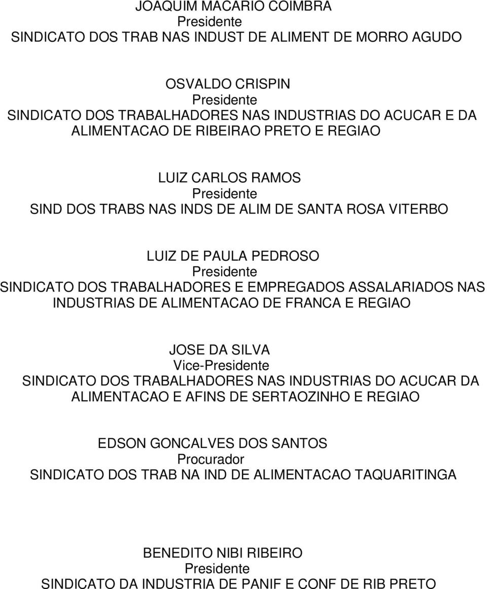 EMPREGADOS ASSALARIADOS NAS INDUSTRIAS DE ALIMENTACAO DE FRANCA E REGIAO JOSE DA SILVA Vice-Presidente SINDICATO DOS TRABALHADORES NAS INDUSTRIAS DO ACUCAR DA ALIMENTACAO E AFINS DE