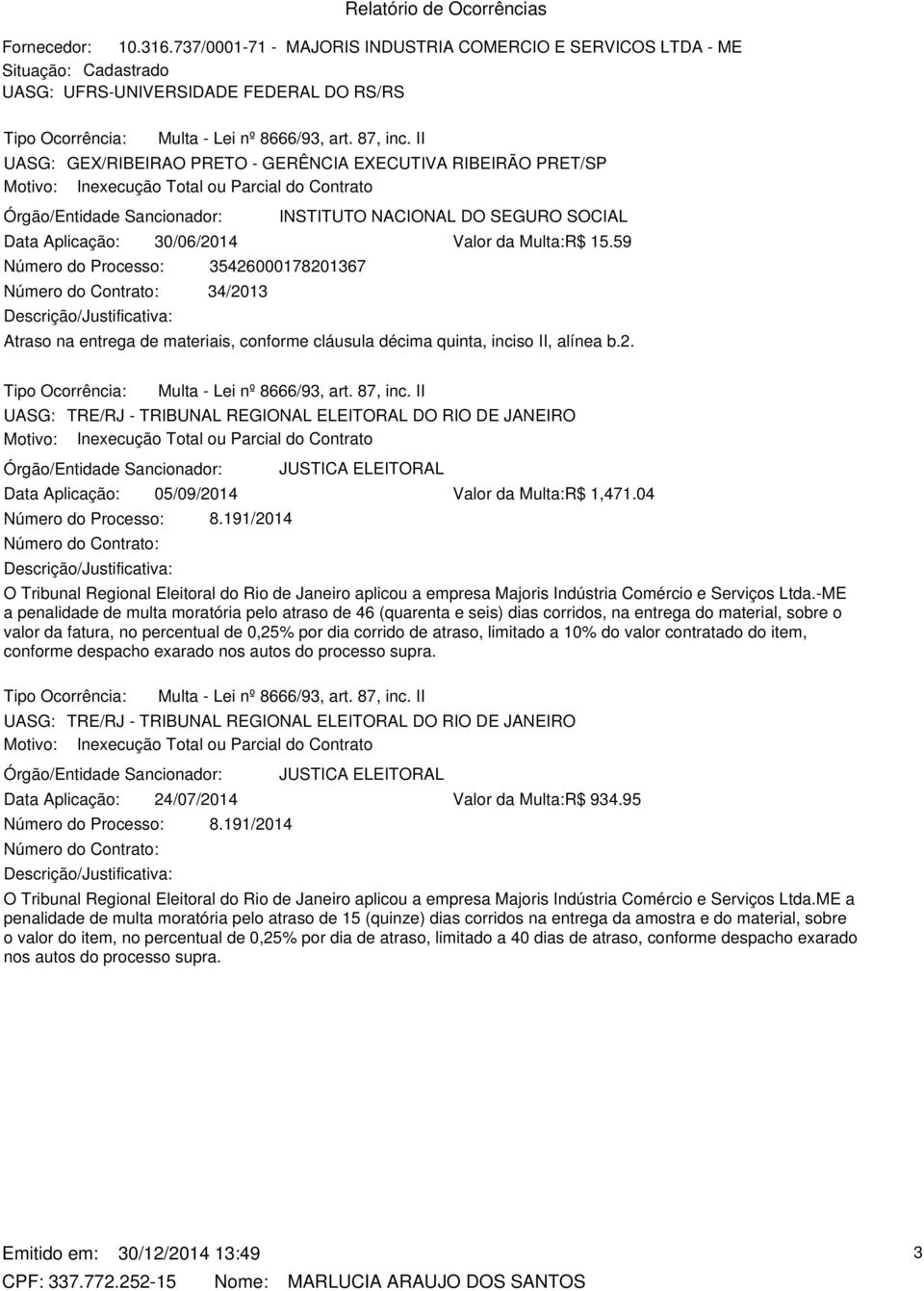 II UASG: GEX/RIBEIRAO PRETO - GERÊNCIA EXECUTIVA RIBEIRÃO PRET/SP Motivo: Inexecução Total ou Parcial do Contrato INSTITUTO NACIONAL DO SEGURO SOCIAL Data Aplicação: 30/06/2014 Valor da Multa:R$ 15.