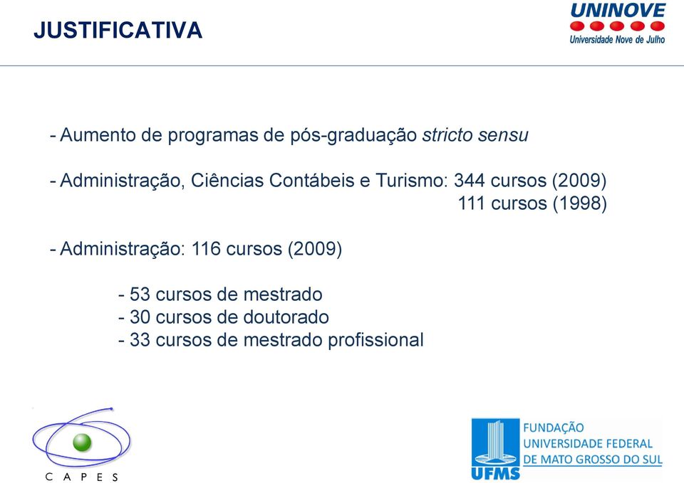 111 cursos (1998) - Administração: 116 cursos (2009) - 53 cursos de