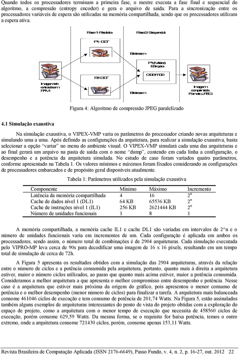 Fase1- Paralela Fase2- Sequencial P1- DCT Bitstream P1(Master) Entropia Imagemde entradaem PPM P2- DCT Bitstream 010011100 Imagem comprimida FormatoJPEG Figura 4: Algoritmo de compressão JPEG