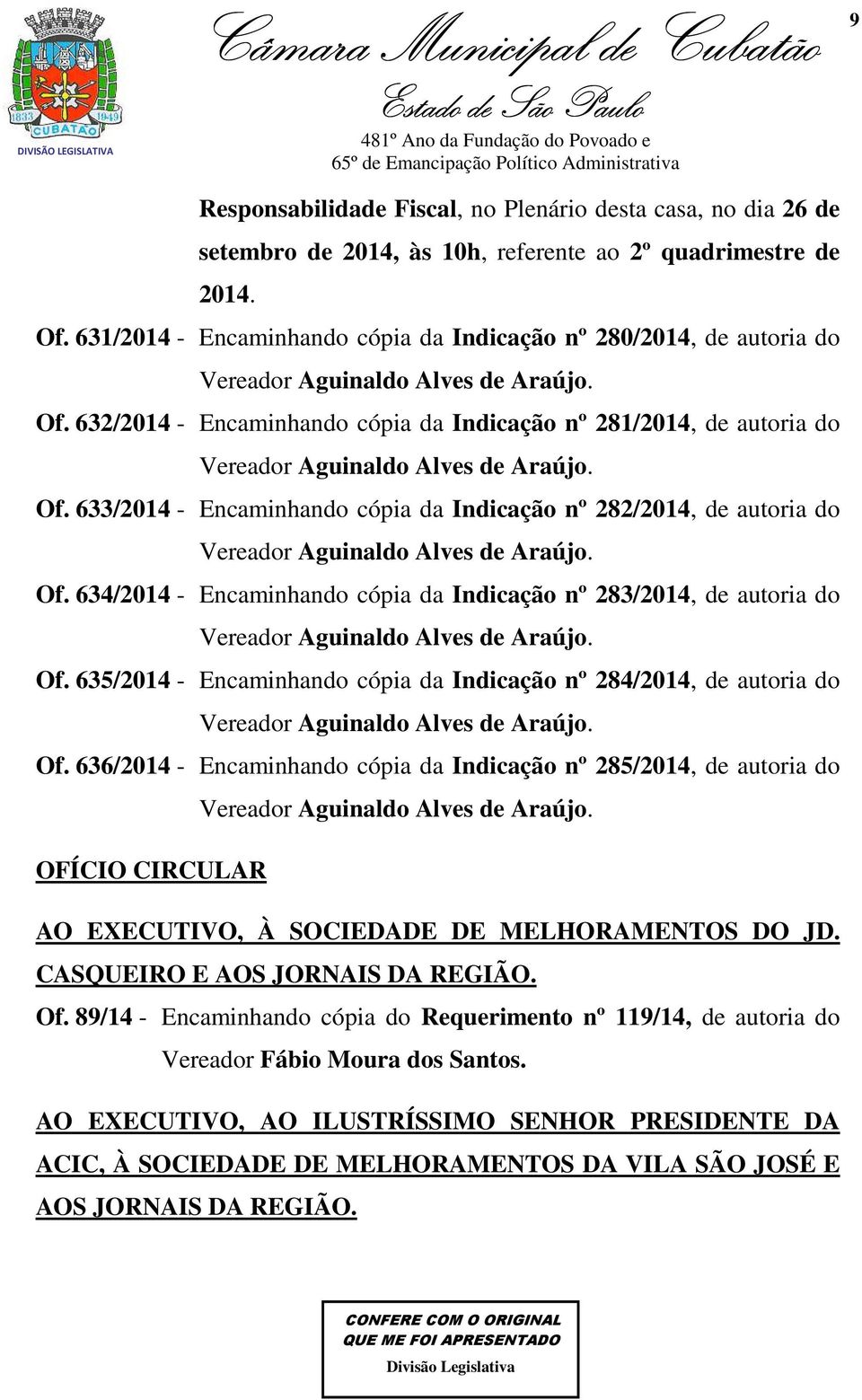 632/2014 - Encaminhando cópia da Indicação nº 281/2014, de autoria do Vereador Aguinaldo Alves de Araújo. Of.