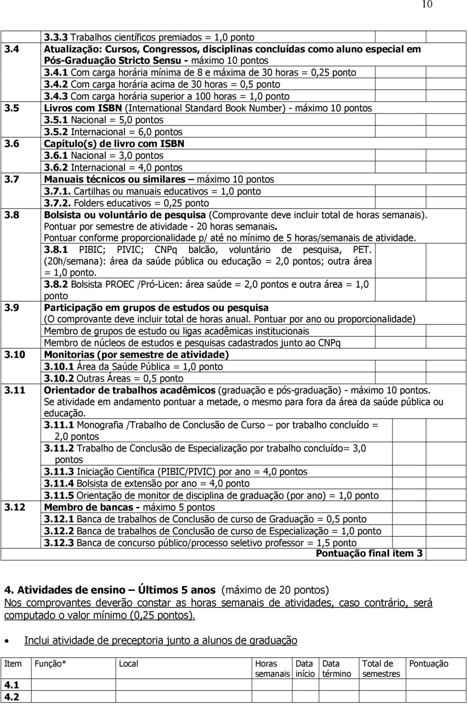 5.2 Internacional = 6,0 pontos 3.6 Capítulo(s) de livro com ISBN 3.6.1 Nacional = 3,0 pontos 3.6.2 Internacional = 4,0 pontos 3.7 Manuais técnicos ou similares máximo 10 pontos 3.7.1. Cartilhas ou manuais educativos = 1,0 ponto 3.