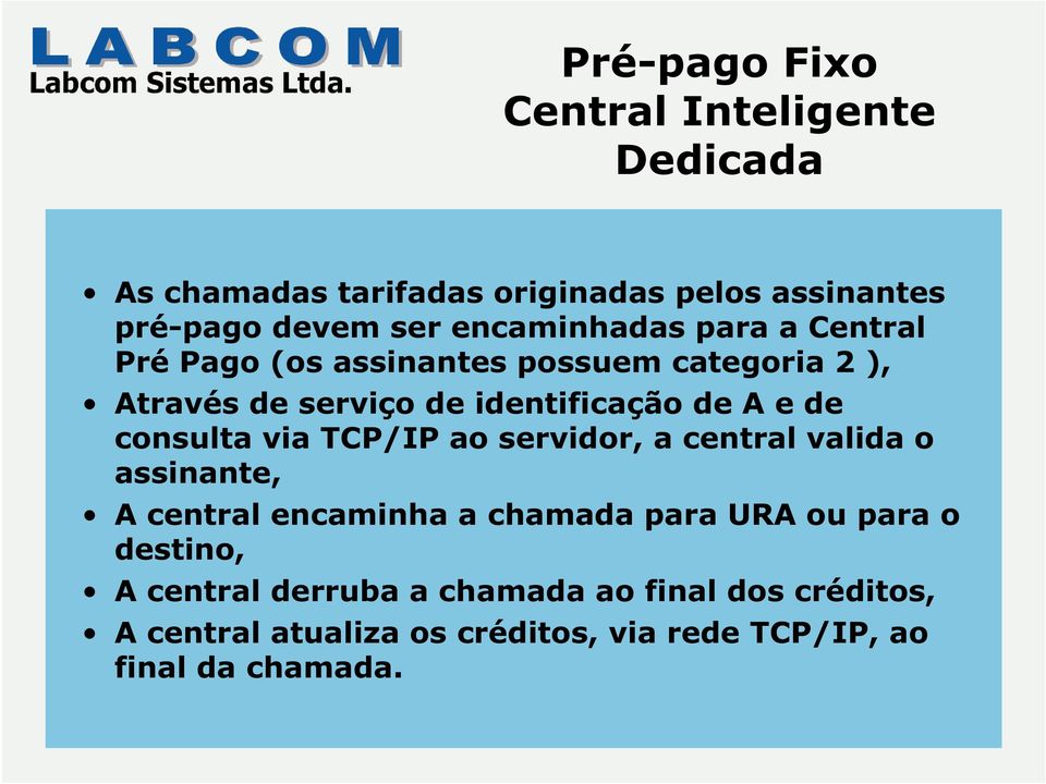 via TCP/IP ao servidor,a centralvalida o assinante, A centralencaminha a chamada para URA ou para o destino,