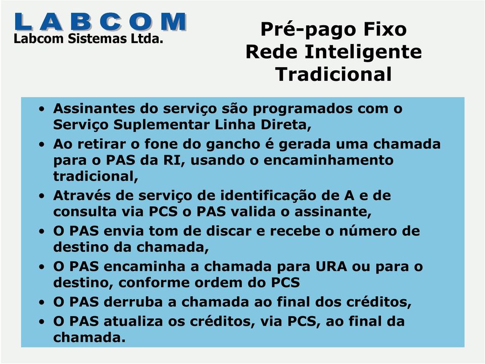 PCS o PAS valida o assinante, O PAS envia tom de discare recebe o número de destino da chamada, O PAS encaminha a chamada para URA ou