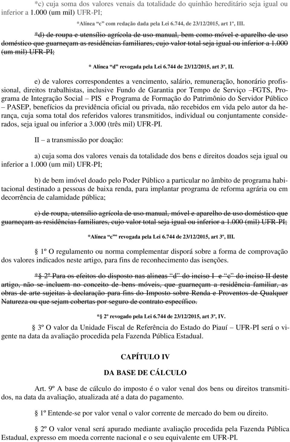 000 (um mil) UFR-PI; * Alínea d revogada pela Lei 6.744 de 23/12/2015, art 3º, II.