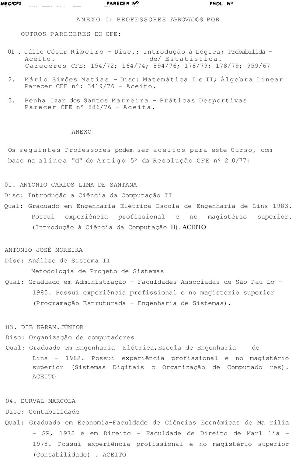 19/76 - Aceito. 3. Penha Izar dos Santos Marreira - Práticas Desportivas Parecer CFE nº 886/76 - Aceita.