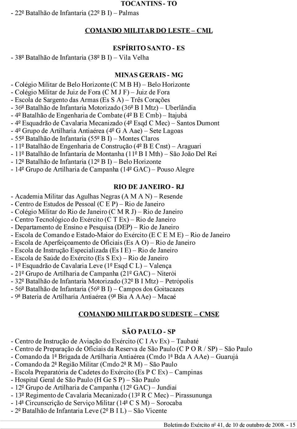 Mtz) Uberlândia - 4º Batalhão de Engenharia de Combate (4º B E Cmb) Itajubá - 4º Esquadrão de Cavalaria Mecanizado (4º Esqd C Mec) Santos Dumont - 4º Grupo de Artilharia Antiaérea (4º G A Aae) Sete