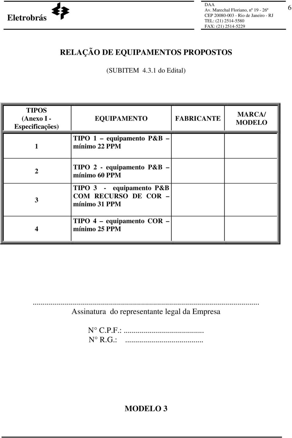 MODELO 1 TIPO 1 equipamento P&B mínimo 22 PPM 2 TIPO 2 - equipamento P&B mínimo