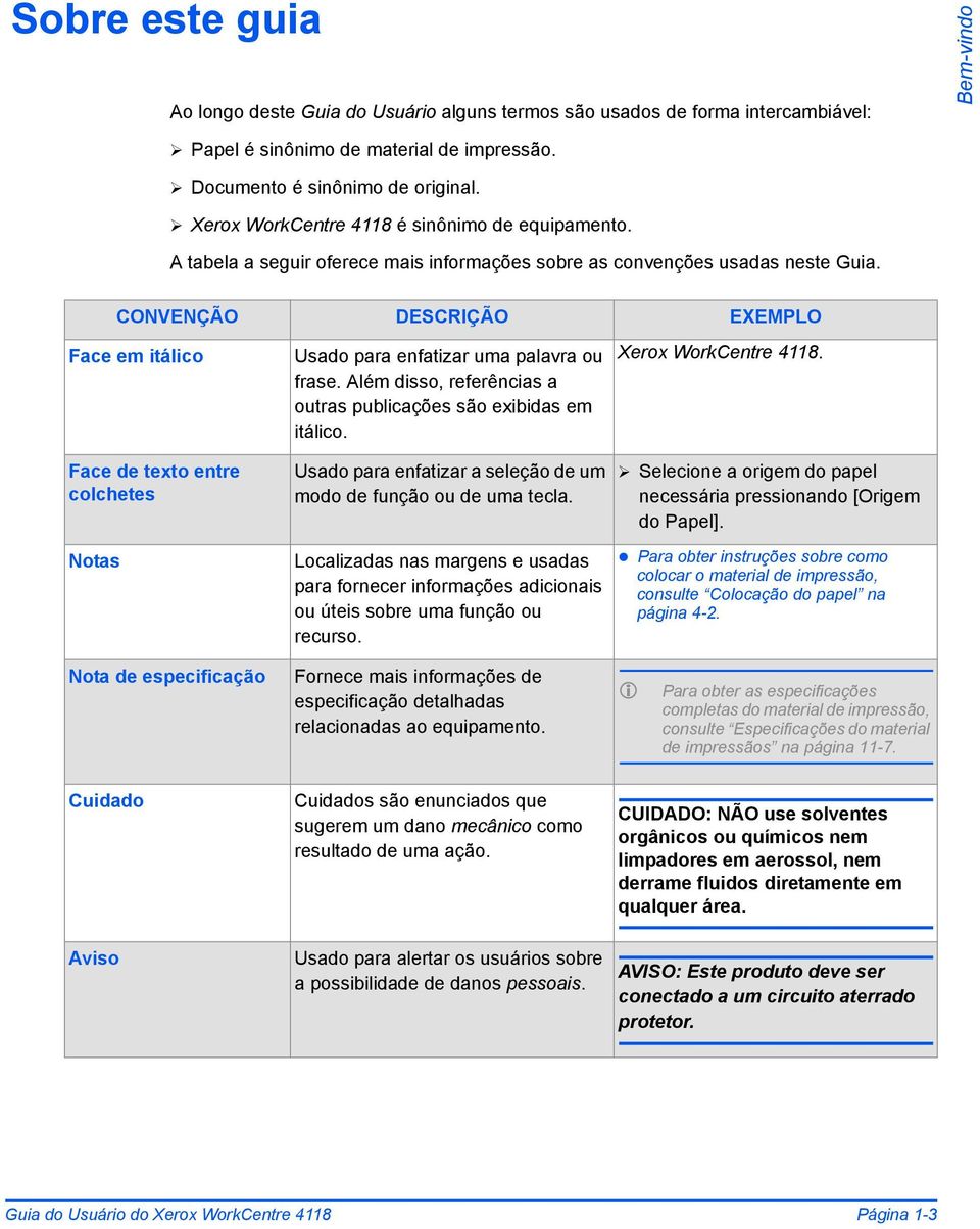 CONVENÇÃO DESCRIÇÃO EXEMPLO Face em itálico Face de texto entre colchetes Notas Usado para enfatizar uma palavra ou frase. Além disso, referências a outras publicações são exibidas em itálico.