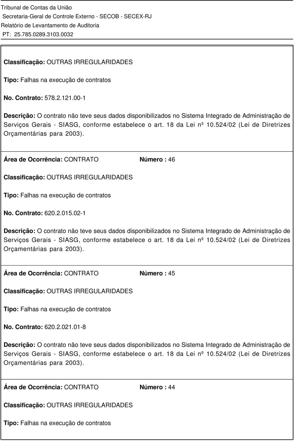 02-1 Descrição: O contrato não teve seus dados disponibilizados no Sistema Integrado de Administração de Serviços Gerais - SIASG, conforme estabelece o art. 18 da Lei nº 10.