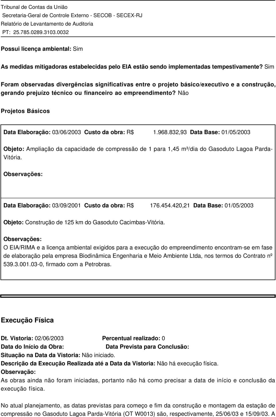 Não Projetos Básicos Data Elaboração: 03/06/2003 Custo da obra: R$ 1.968.