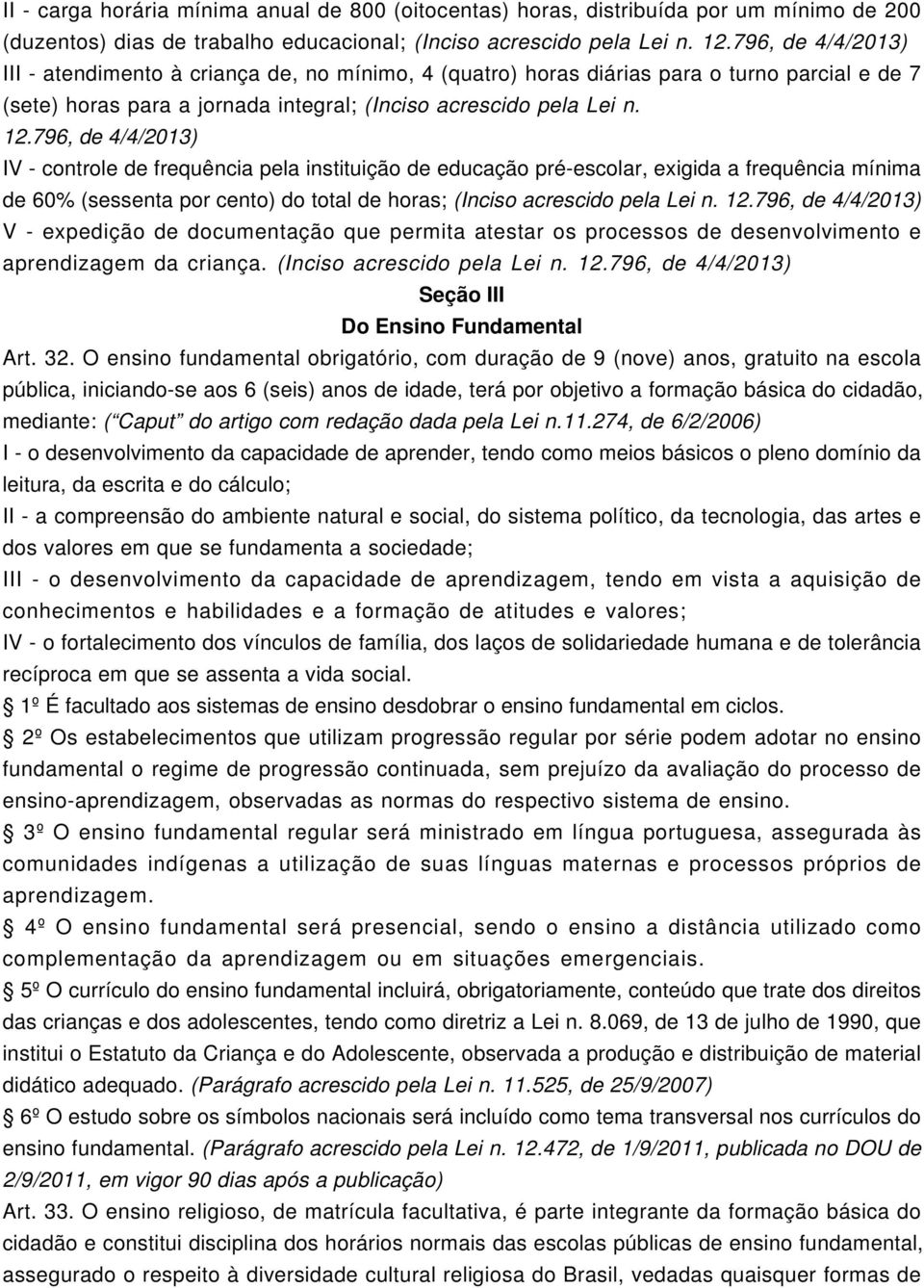 796, de 4/4/2013) IV - controle de frequência pela instituição de educação pré-escolar, exigida a frequência mínima de 60% (sessenta por cento) do total de horas; (Inciso acrescido pela Lei n. 12.