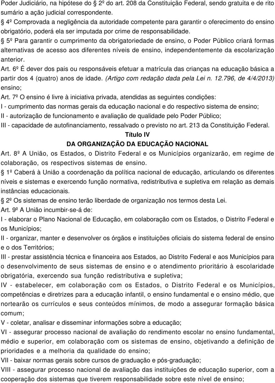 5º Para garantir o cumprimento da obrigatoriedade de ensino, o Poder Público criará formas alternativas de acesso aos diferentes níveis de ensino, independentemente da escolarização anterior. Art.