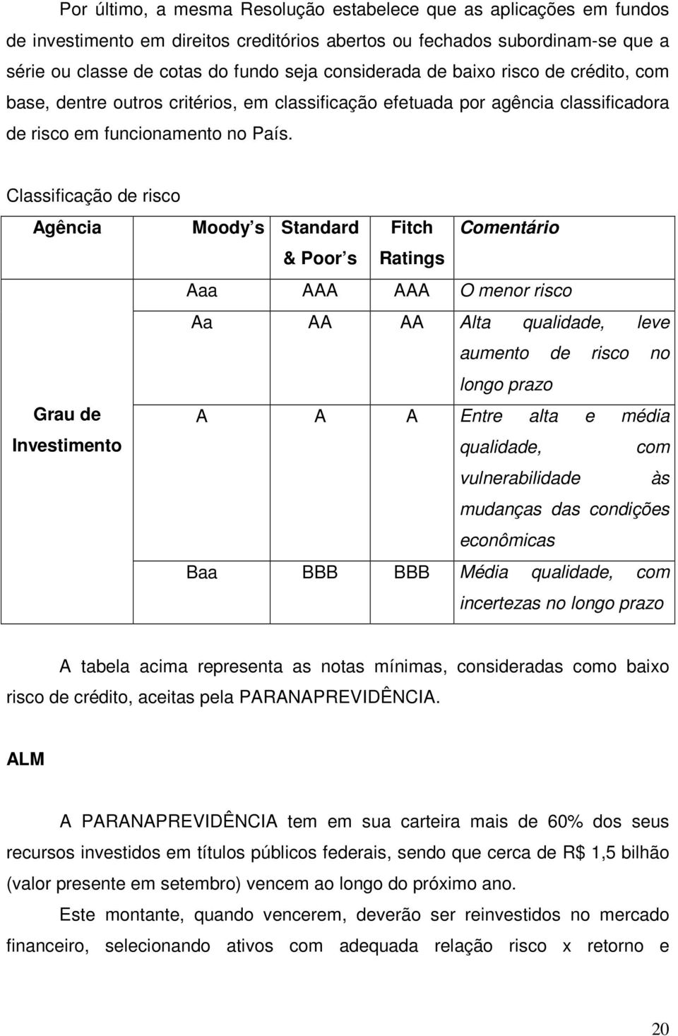 Classificação de risco Agência Moody s Standard Fitch Comentário & Poor s Ratings Aaa AAA AAA O menor risco Aa AA AA Alta qualidade, leve aumento de risco no longo prazo Grau de A A A Entre alta e