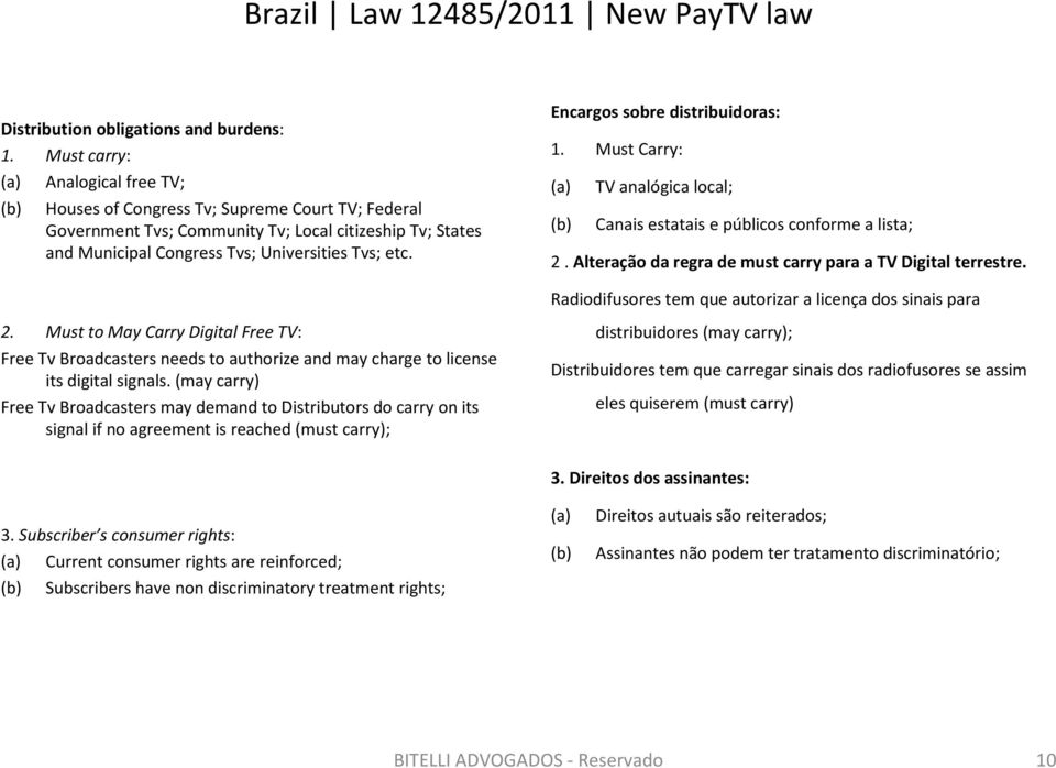 Encargos sobre distribuidoras: 1. Must Carry: (a) TV analógica local; (b) Canais estatais e públicos conforme a lista; 2. Alteração da regra de must carry para a TV Digital terrestre.