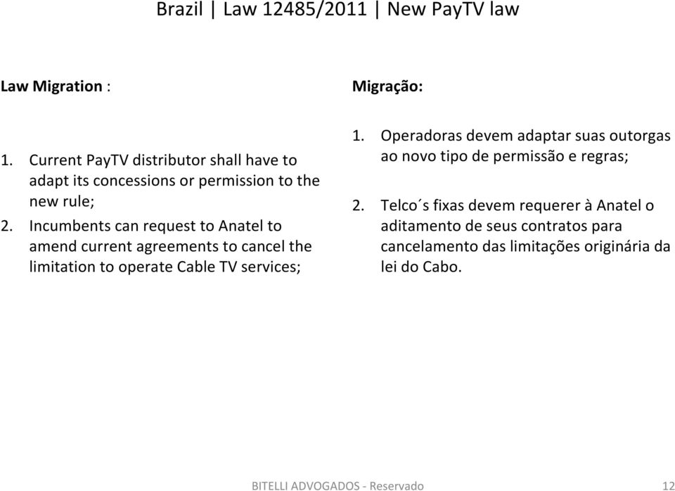 Incumbents can request to Anatel to amend current agreements to cancel the limitation to operate Cable TV