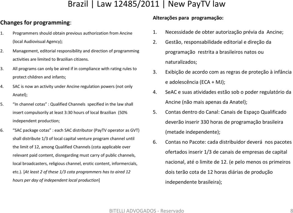 All programs can only be aired if in compliance with rating rules to protect children and infants; 4. SAC is now an activity under Ancine regulation powers (not only Anatel); 5.