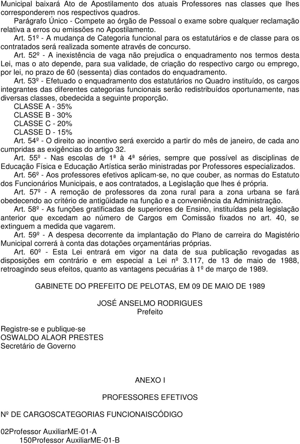 51º - A mudança de Categoria funcional para os estatutários e de classe para os contratados será realizada somente através de concurso. Art.