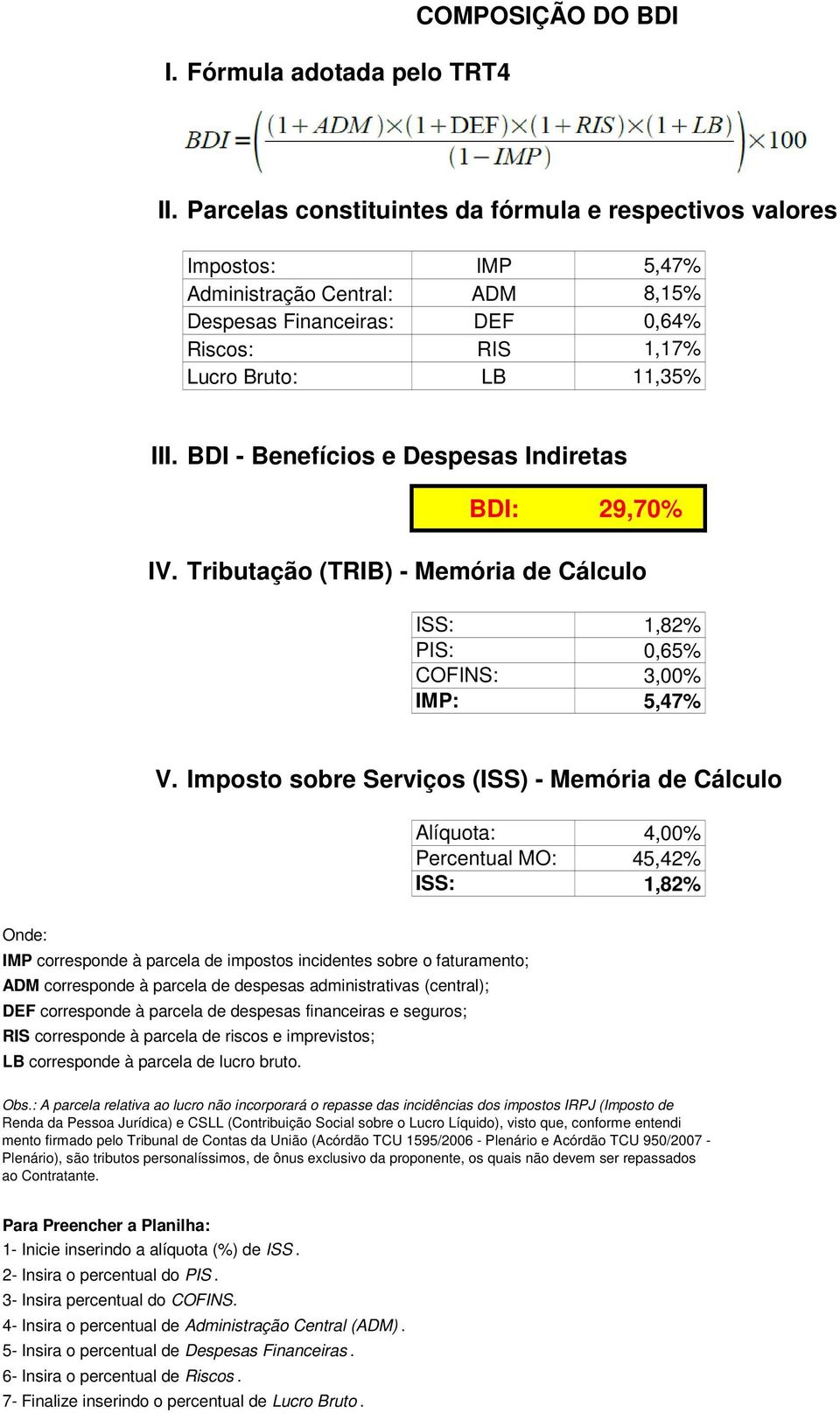 BDI - Benefícios e Despesas Indiretas BDI: 29,70% IV. Tributação (TRIB) - Memória de Cálculo ISS: 1,82% PIS: 0,65% COFINS:,00% IMP: 5,47% V.