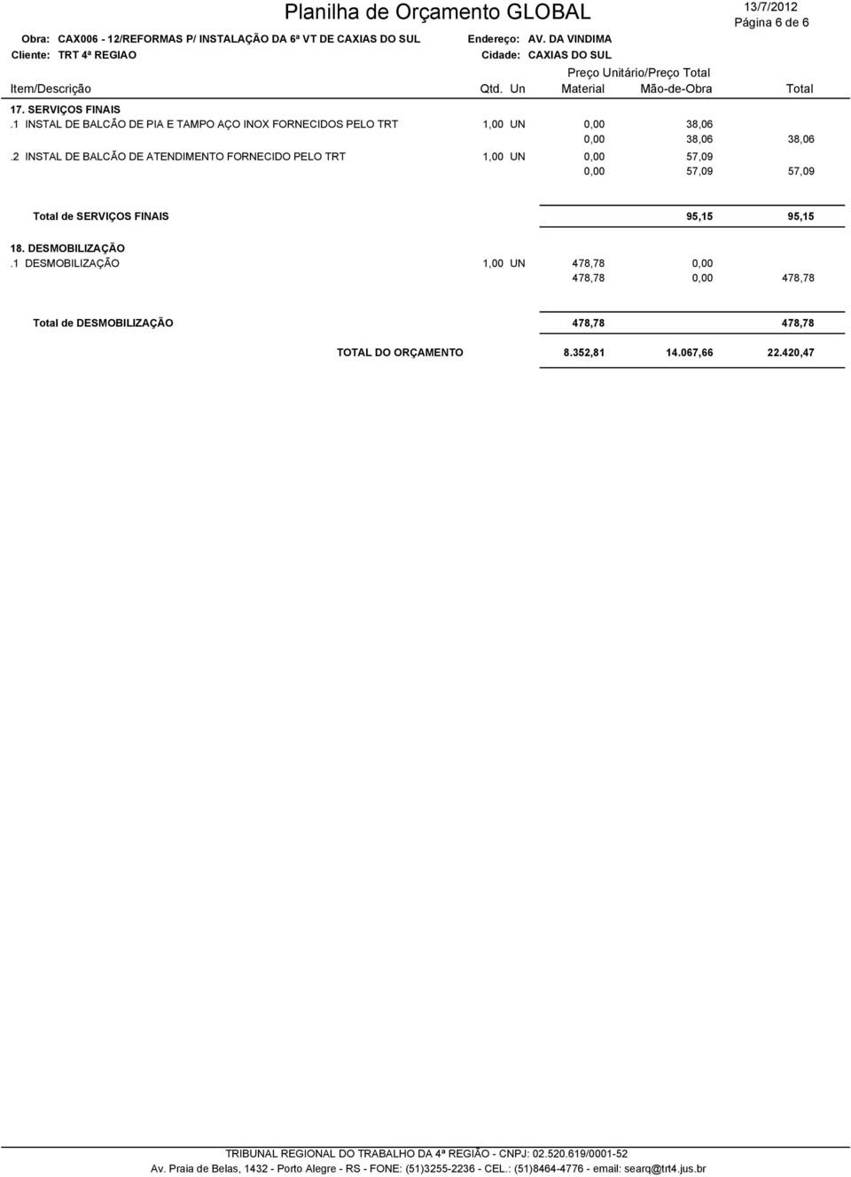 Total de SERVIÇOS FINAIS 95,15 95,15 18. DESMOBILIZAÇÃO.