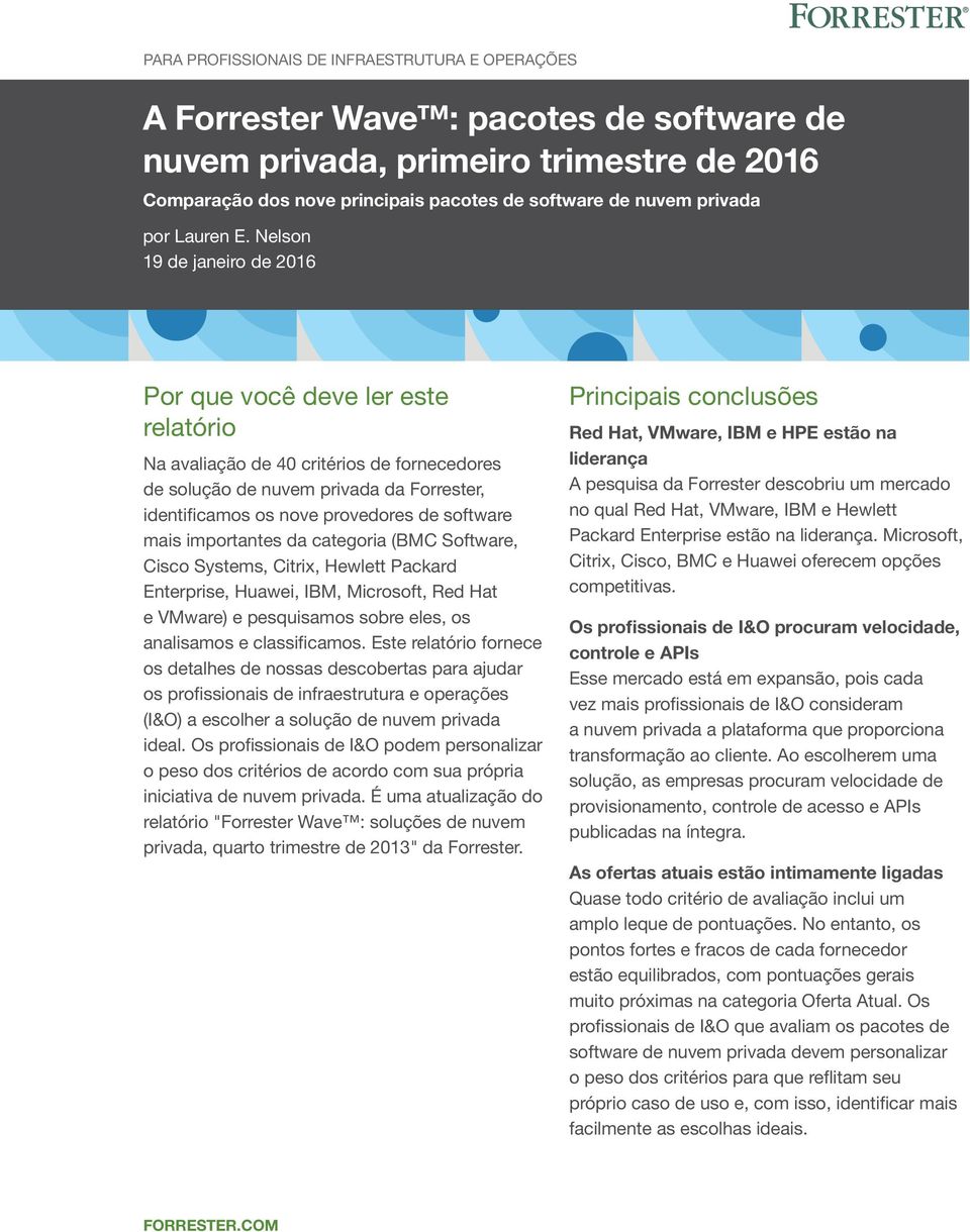 categoria (BMC Software, Cisco Systems, Citrix, Hewlett Packard Enterprise, Huawei, IBM, Microsoft, Red Hat e VMware) e pesquisamos sobre eles, os analisamos e classificamos.