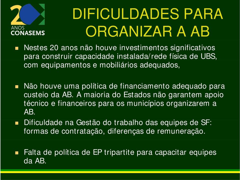 A maioria do Estados não garantem apoio técnico e financeiros para os municípios organizarem a AB.