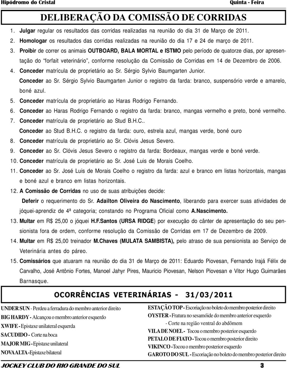 Proibir de correr os animais OUTBOARD, BALA MORTAL e ISTMO pelo período de quatorze dias, por apresentação do forfait veterinário, conforme resolução da Comissão de Corridas em 14 de Dezembro de 2006.