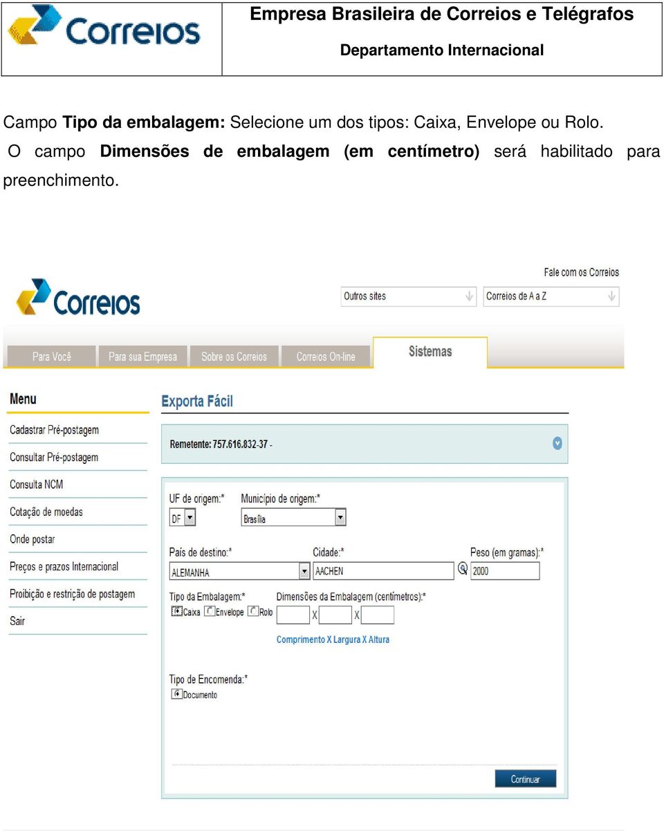 O campo Dimensões de embalagem (em