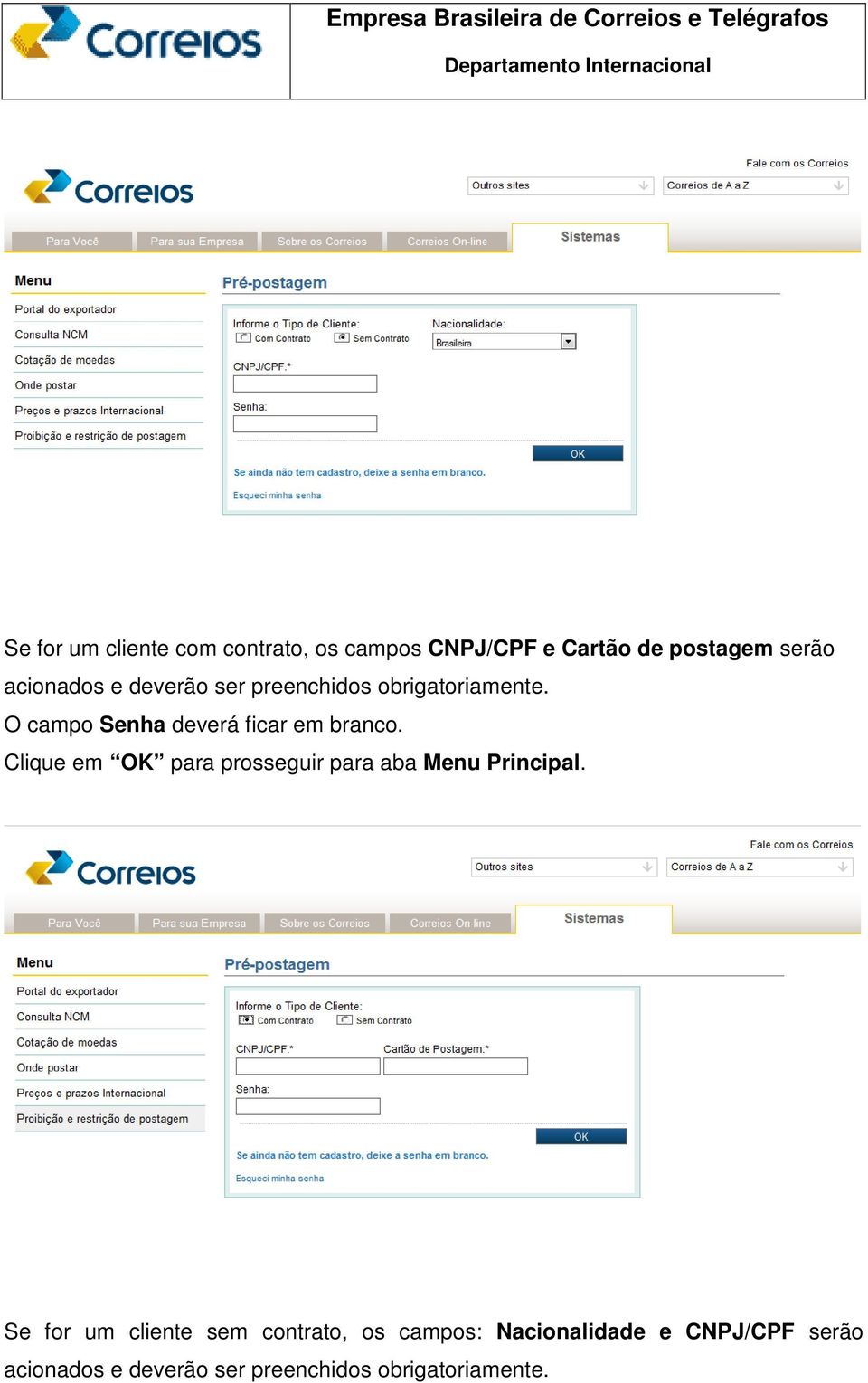 Clique em OK para prosseguir para aba Menu Principal.