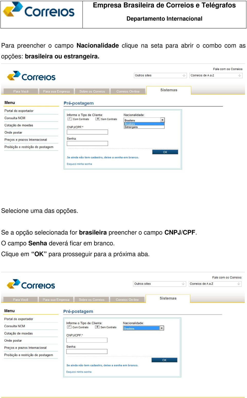 Se a opção selecionada for brasileira preencher o campo CNPJ/CPF.