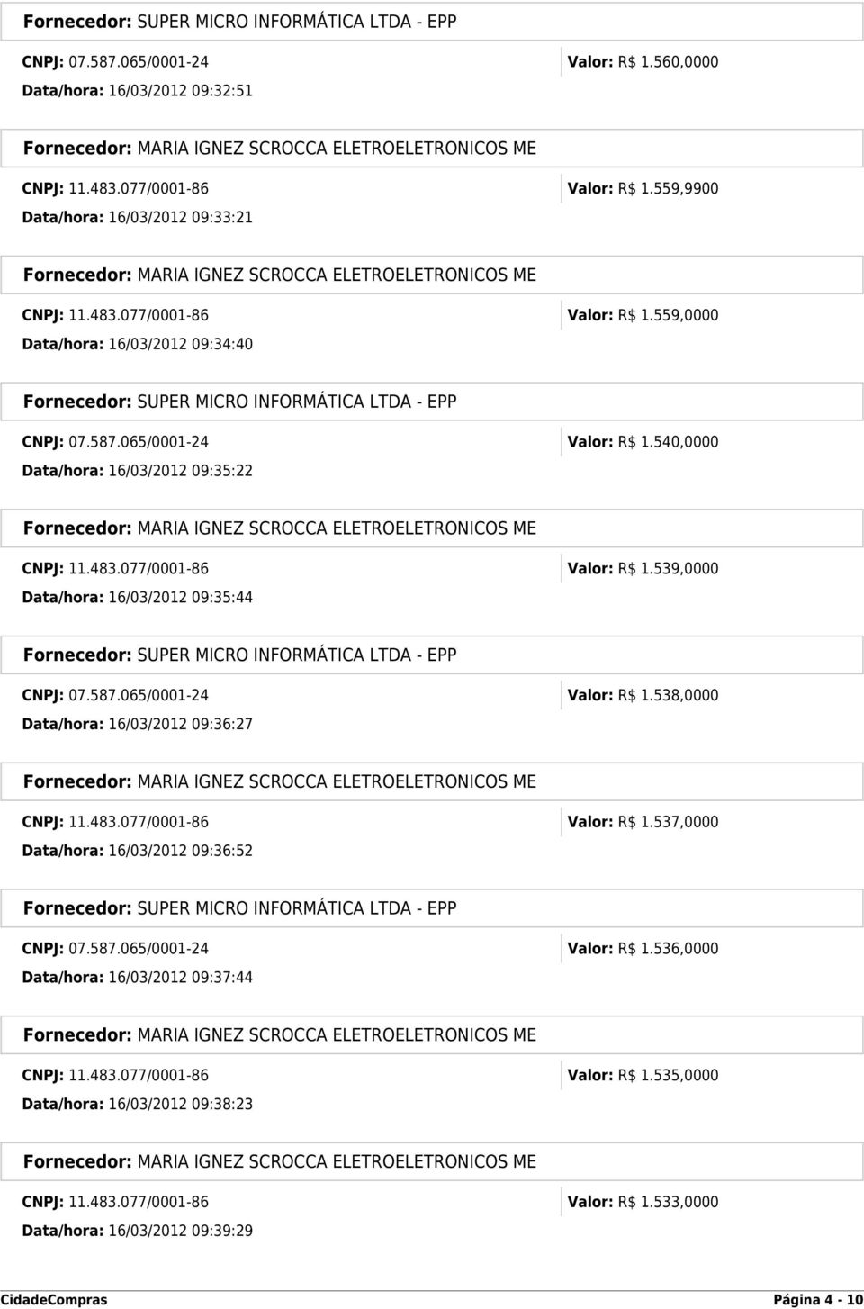 483.077/0001-86 Valor: R$ 1.537,0000 Data/hora: 16/03/2012 09:36:52 CNPJ: 07.587.065/0001-24 Valor: R$ 1.536,0000 Data/hora: 16/03/2012 09:37:44 CNPJ: 11.483.077/0001-86 Valor: R$ 1.535,0000 Data/hora: 16/03/2012 09:38:23 CNPJ: 11.