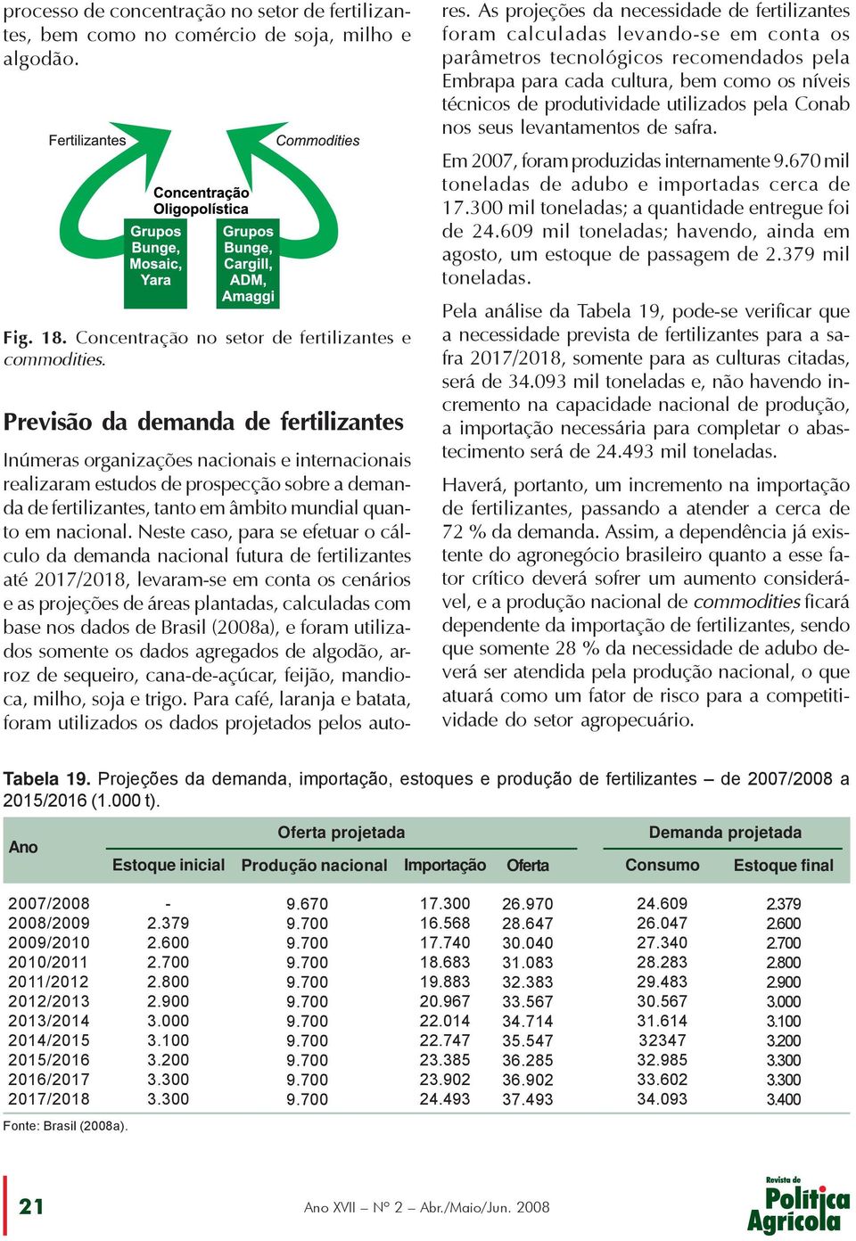 Neste caso, para se efetuar o cálculo da demanda nacional futura de fertilizantes até 2017/2018, levaram-se em conta os cenários e as projeções de áreas plantadas, calculadas com base nos dados de