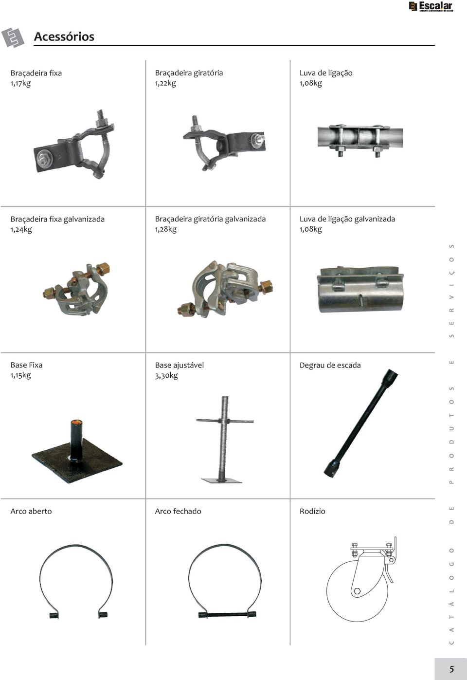 galvanizada 1,08kg Base Fixa 1,15kg Base ajustável 3,30kg Degrau de escada Arco