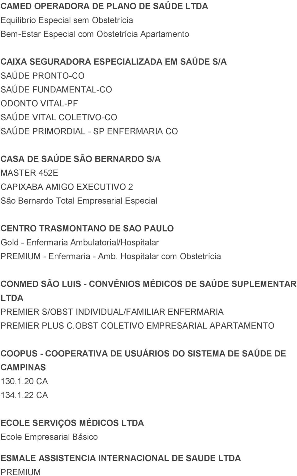 Especial CENTRO TRASMONTANO DE SAO PAULO Gold - Enfermaria Ambulatorial/Hospitalar PREMIUM - Enfermaria - Amb.