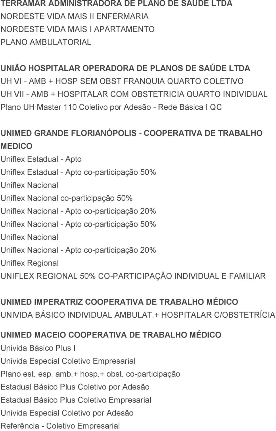 DE TRABALHO MEDICO Uniflex Estadual - Apto Uniflex Estadual - Apto co-participação 50% Uniflex Nacional Uniflex Nacional co-participação 50% Uniflex Nacional - Apto co-participação 20% Uniflex