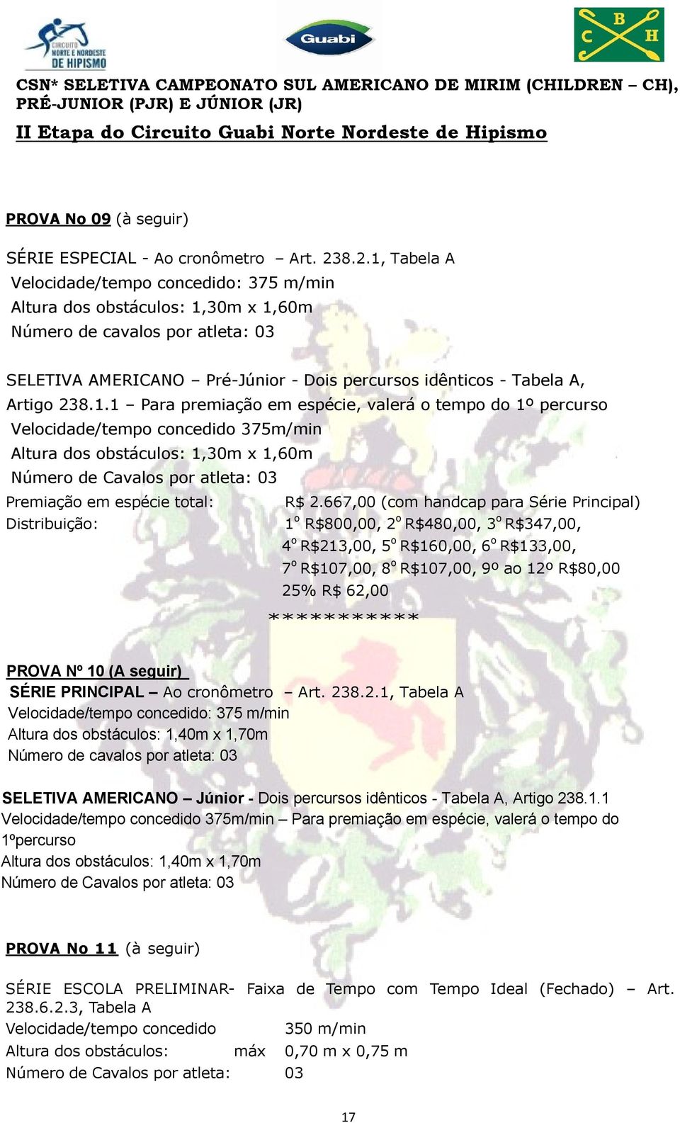238.1.1 Para premiação em espécie, valerá o tempo do 1º percurso Velocidade/tempo concedido 375m/min Altura dos obstáculos: 1,30m x 1,60m Premiação em espécie total: R$ 2.