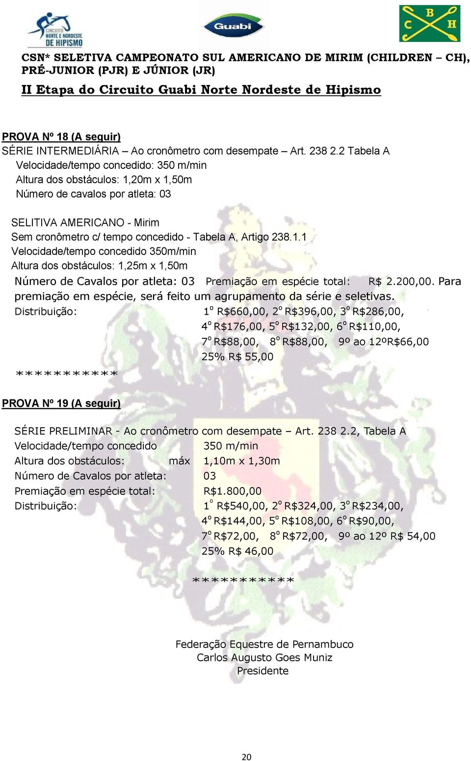 238.1.1 Velocidade/tempo concedido 350m/min Altura dos obstáculos: 1,25m x 1,50m Premiação em espécie total: R$ 2.200,00. Para premiação em espécie, será feito um agrupamento da série e seletivas.