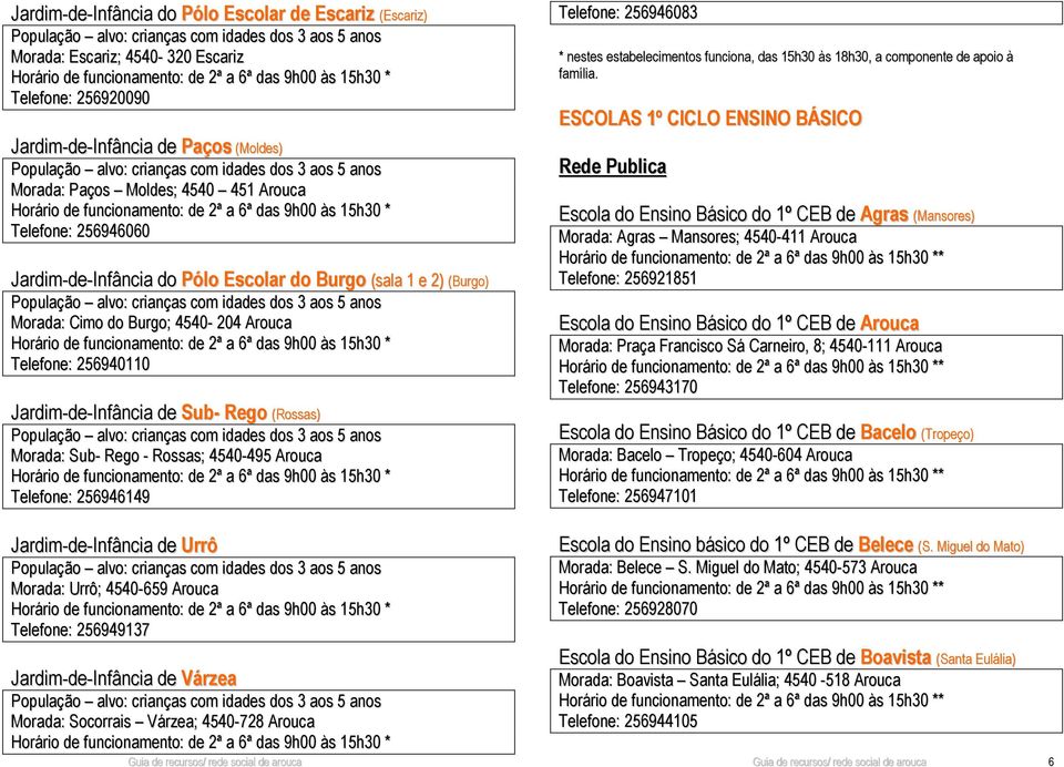 Rossas; 4540-495 Arouca Telefone: 256946149 Telefone: 256946083 * nestes estabelecimentos funciona, das 15h30 às 18h30, a componente de apoio à família.