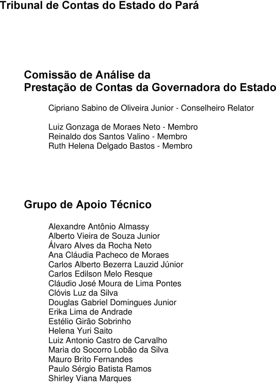 Neto Ana Cláudia Pacheco de Moraes Carlos Alberto Bezerra Lauzid Júnior Carlos Edilson Melo Resque Cláudio José Moura de Lima Pontes Clóvis Luz da Silva Douglas Gabriel Domingues Junior