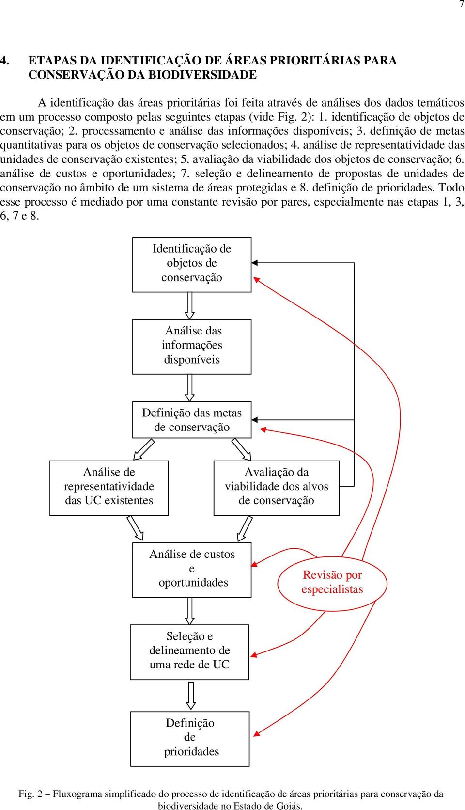 definição de metas quantitativas para os objetos de conservação selecionados; 4. análise de representatividade das unidades de conservação existentes; 5.