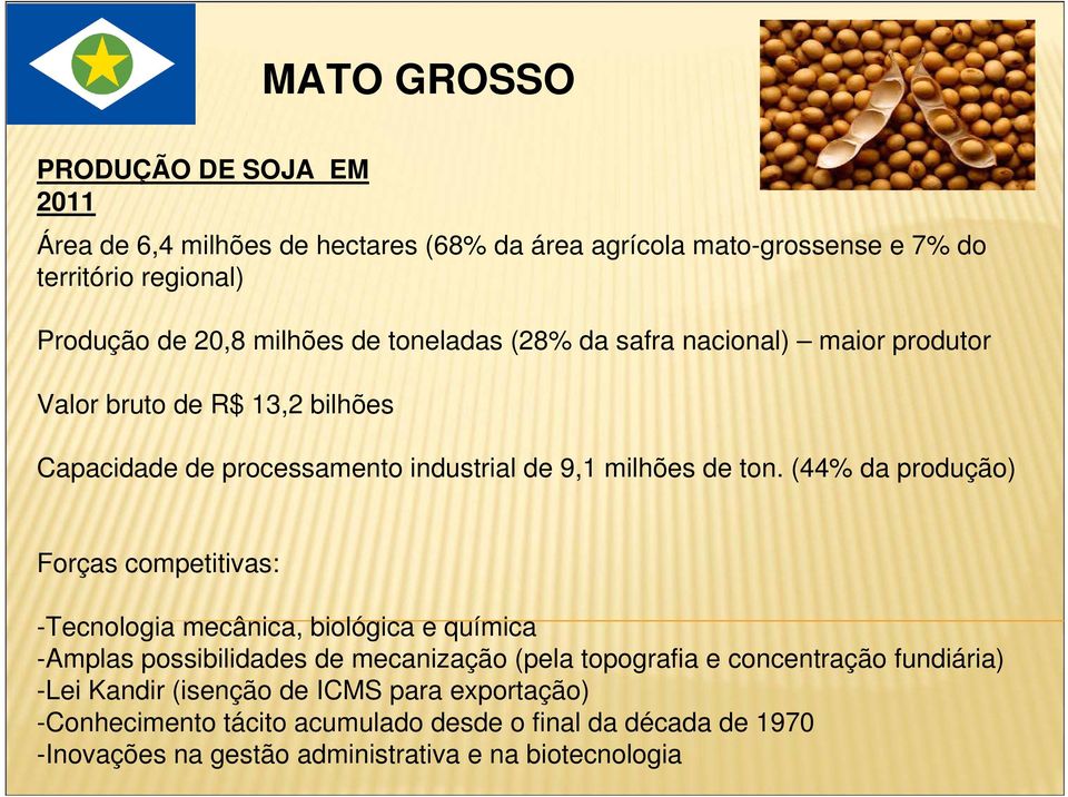 (44% da produção) Forças competitivas: -Tecnologia mecânica, biológica e química -Amplas possibilidades de mecanização (pela topografia e concentração