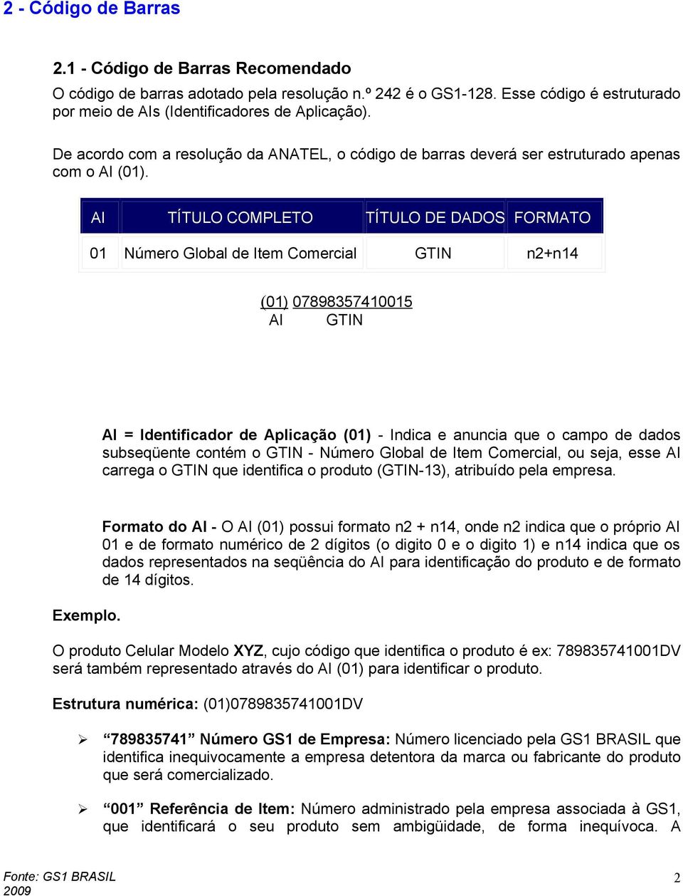 AI TÍTULO COMPLETO TÍTULO DE DADOS FORMATO 01 Número Global de Item Comercial GTIN n2+n14 ( 01) 07898357410015 AI GTIN AI = Identificador de Aplicação (01) - Indica e anuncia que o campo de dados