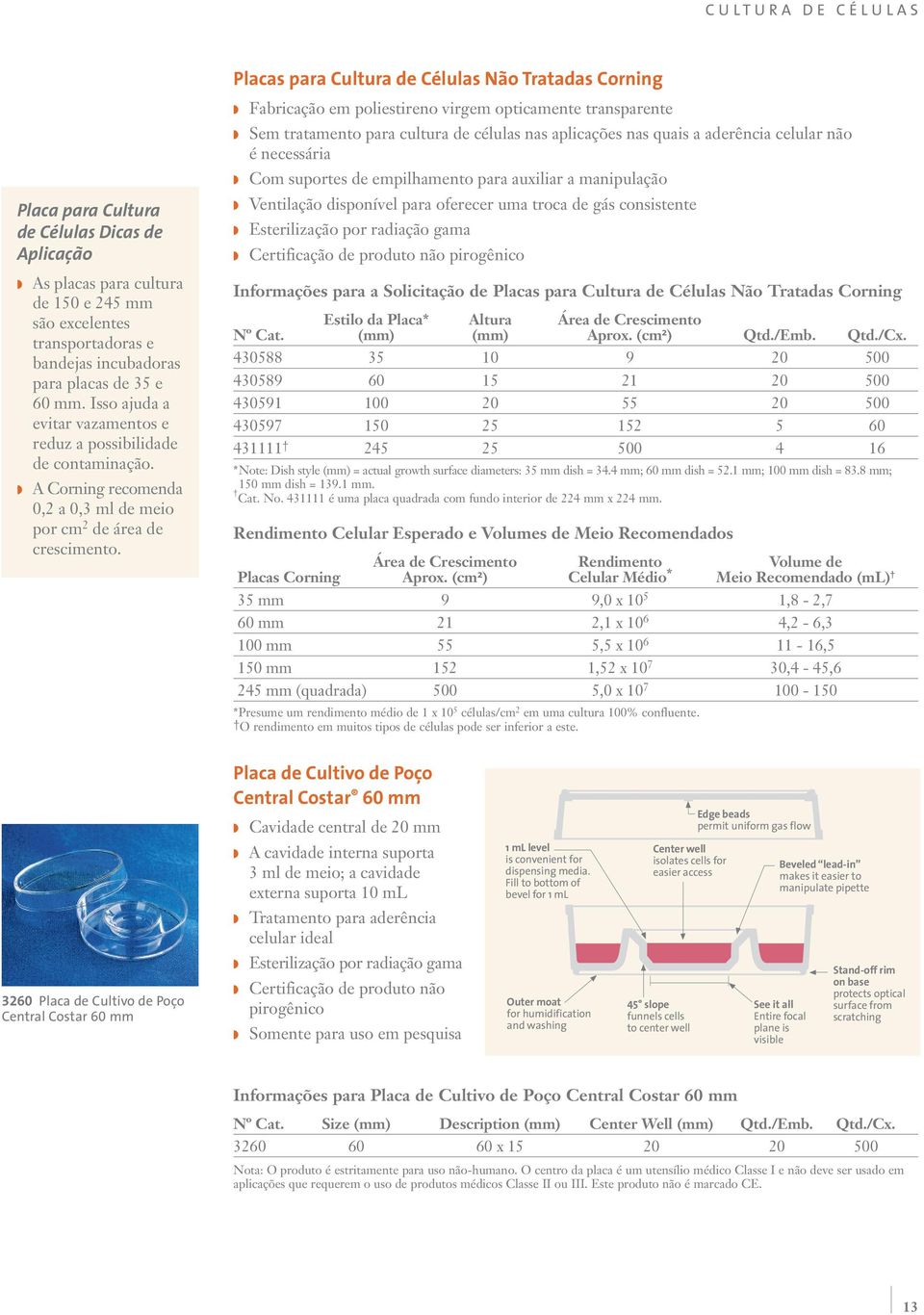 Placas para Cultura de Células Não Tratadas Corning Fabricação em poliestireno virgem opticamente transparente Sem tratamento para cultura de células nas aplicações nas quais a aderência celular não