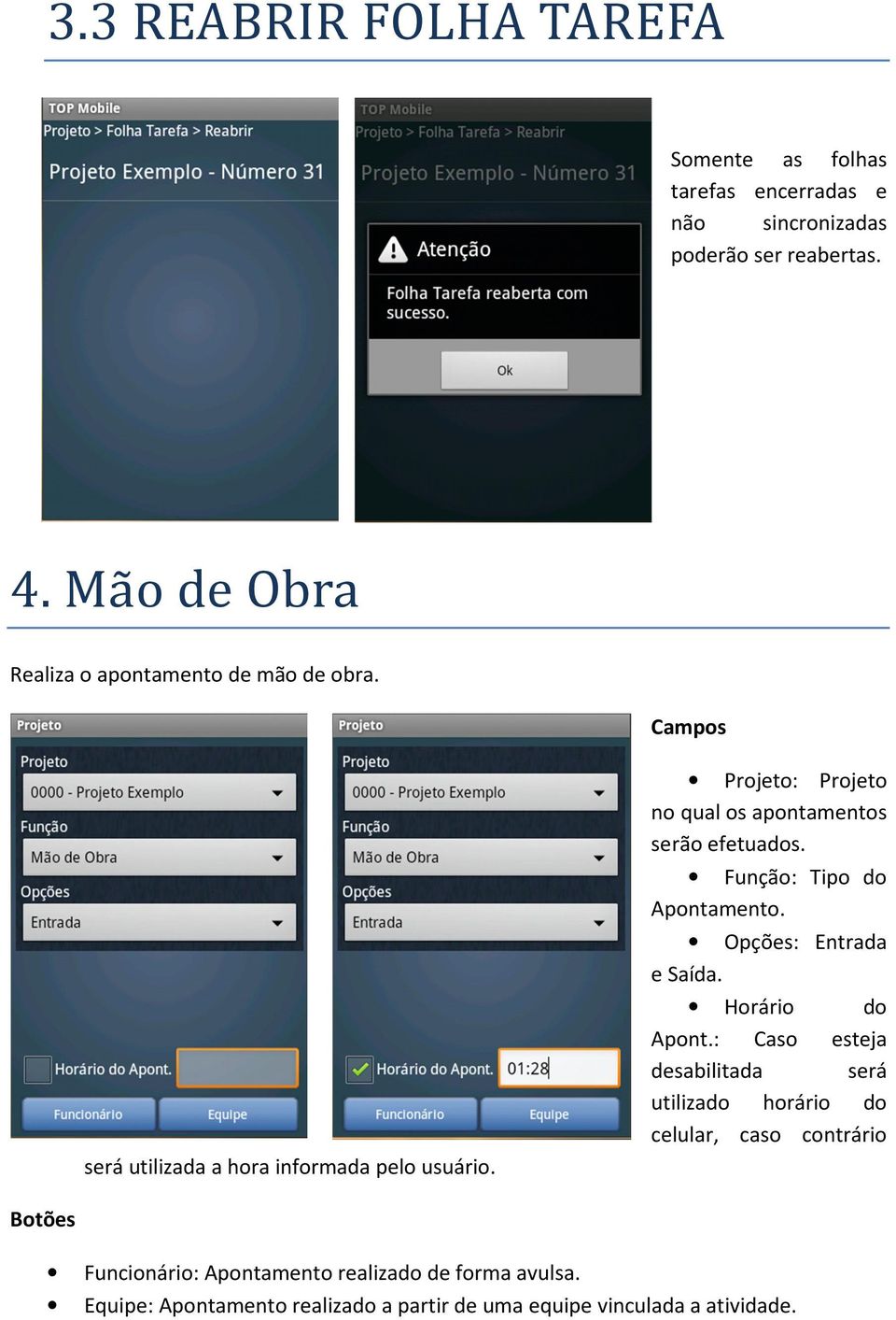 Projeto: Projeto no qual os apontamentos serão efetuados. Função: Tipo do Apontamento. Opções: Entrada e Saída. Horário do Apont.