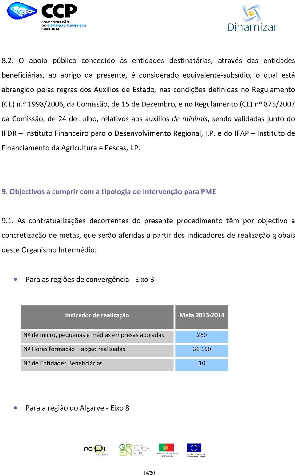 º 1998/2006, da Comissão, de 15 de Dezembro, e no Regulamento (CE) nº 875/2007 da Comissão, de 24 de Julho, relativos aos auxílios de minimis, sendo validadas junto do IFDR Instituto Financeiro paro