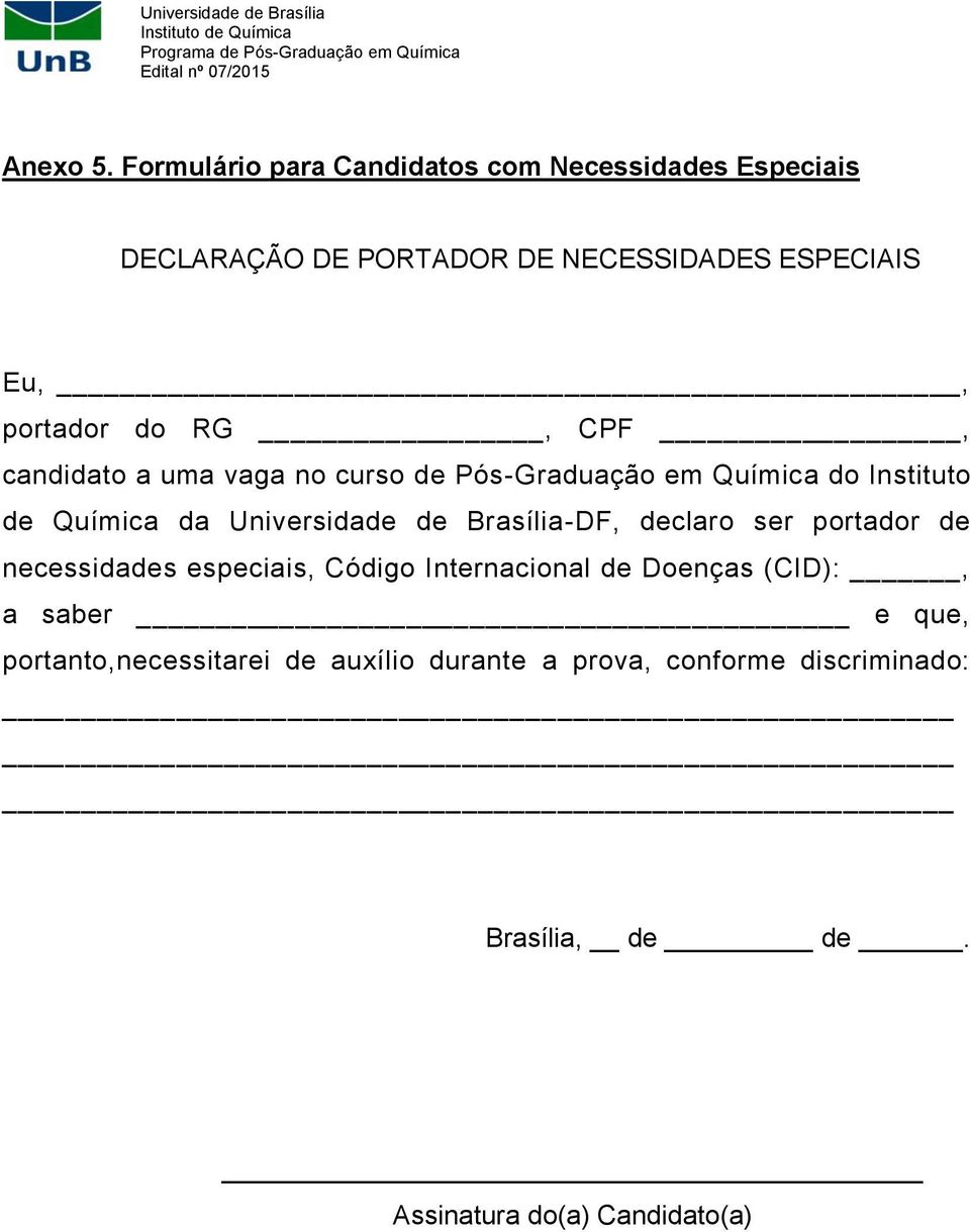 do RG, CPF, candidato a uma vaga no curso de Pós-Graduação em Química do Instituto de Química da Universidade de